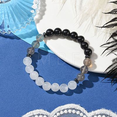 8mm Round Natural Grey Agate & Natural Quartz Crystal & Natural Obsidian & Non-Magnetic Synthetic Hematite Beaded Stretch Bracelets BJEW-JB10901-01-1