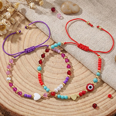 2Pcs 2 Styles Round Glass & Lampwork & Imitation Pearl & Synthetic Turquoise & Natural Shell & Seed Beads Braided Bead Bracelets VE0130-3-1