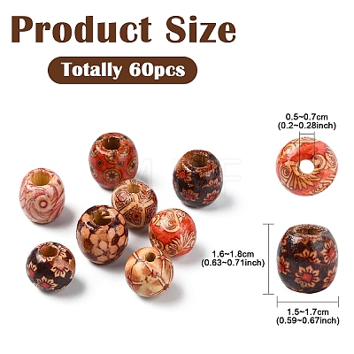 60Pcs 3 Styles Printed Natural Wood Beads WOOD-YW0001-31-1