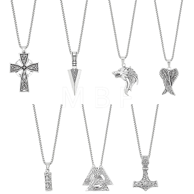 7Pcs 7 Style Arrow & Wolf & Cross & Axe & Wing Pendant Necklaces Set NJEW-AN0001-44-1