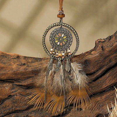 Ethnic Style Alloy & Wood Woven Web/Net with Feather Big Pendant Faux Suede Cord Necklaces for Women FS-WG285C1-07-1