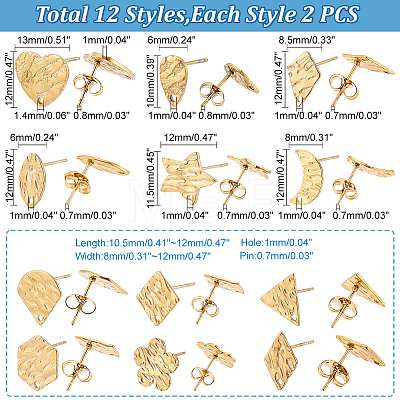   24Pcs 12 Style 304 Stainless Steel Stud Earring Findings STAS-PH0004-55-1