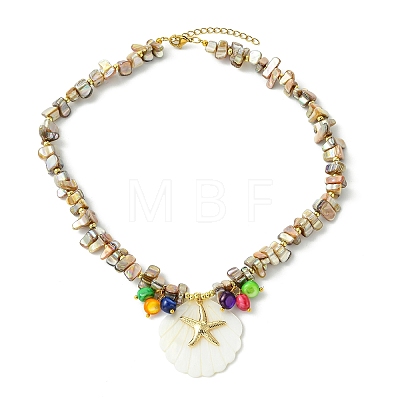Ocean 304 Stainless Steel Starfish and Natural Shell Pendant AB Color Beaded Necklaces NJEW-JN06213-1