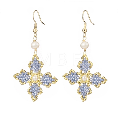 Glass Seed Beaded Cross Fleury Dangle Earrings with Round Shell Pearl EJEW-MZ00033-1