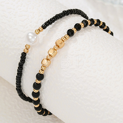 Bohemian Style Plastic Pearl & Brass Cube & Glass Seed Beaded 2-Strand Anklets FS-WG67DAF-01-1