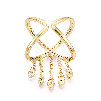 Brass Micro Pave Clear Cubic Zirconia Tassels Cuff Rings KK-T080-01G-1