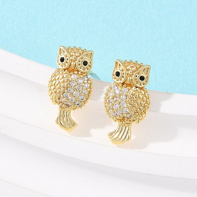 Brass Micro Pave Clear Cubic Zirconia Owl Stud Earrings EJEW-F400-15G-1