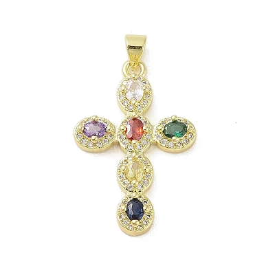 Real 18K Gold Plated Brass Micro Pave Random Color Cubic Zirconia Pendants KK-A209-07A-G-1