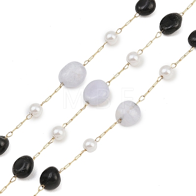 Natural Blue Lace Agate & Black Onyx(Dyed & Heated) Nuggets & 316 Stainless Steel Handmade Link Chains CHS-K021-14G-01-1