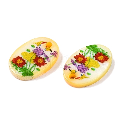 Natural Freshwater Shell Double Face Printed Oval Charms SHEL-T020-05F-1