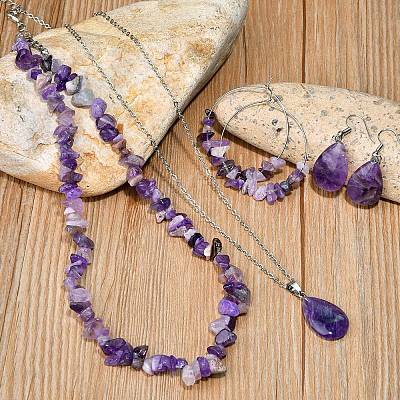 Bohemian Style Natural Amethyst Teardrop Pendant Necklaces & Chip Beaded Necklaces & Hoop Earrings & Dangle Earrings Sets WG11994-01-1