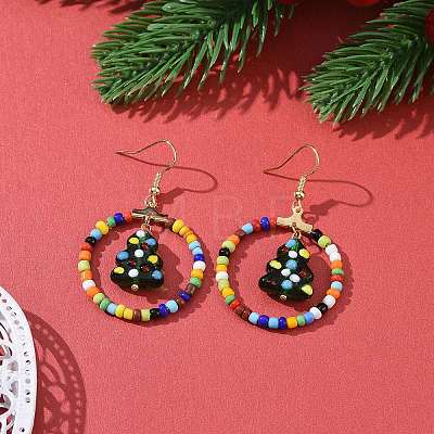 Glass Seed Beaded Ring with Lampwork Christmas Tree Dangle Earrings EJEW-TA00231-1