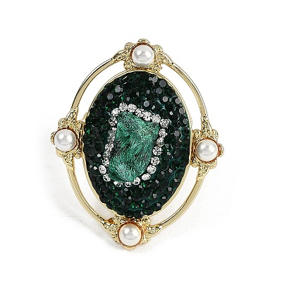 Oval Natural Malachite & Rhinestone Finger Rings RJEW-P128-03G-B-1