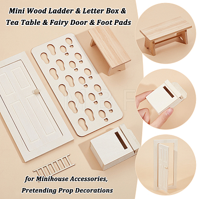 Olycraft 5Pcs 5 Styles Mini Wood Ladder & Letter Box & Tea Table & Fairy Door & Foot Pads DJEW-OC0001-44-1