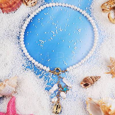 Natural Shell & Starfish Long Drop Pendant Necklace NJEW-SW00011-1