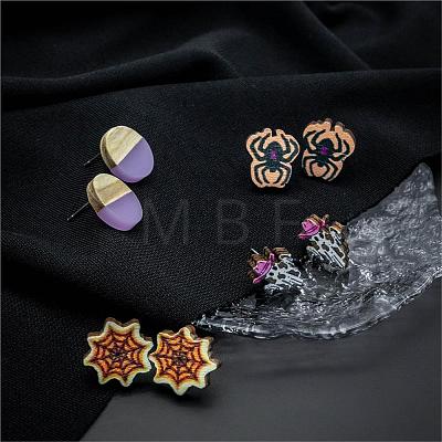 Halloween Spider Ghost Spider Web Wood Stud Earring Sets EJEW-OY002-02-1