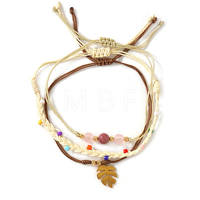 3OPcs 3 Styles Natural Rhodochrosite & Pink Jade & Glass Round Beads Bracelets & Brass Leaf Charm Bracelets Set DI3925-2-1