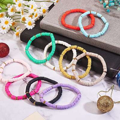 10Pcs 10 Colors Polymer Clay Heishi Beaded Stretch Bracelets BJEW-PH01445-1