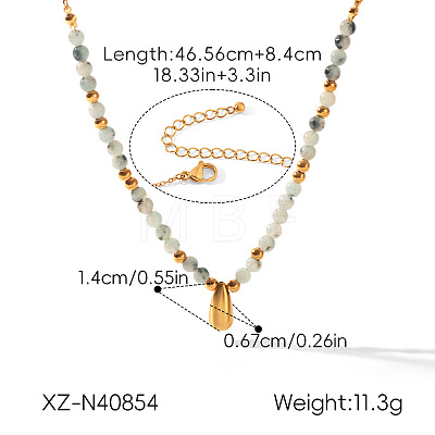 304 Stainless Steel Teardrop Pendant Natural African Turquoise(Jasper) Round Beaded Necklaces for Women WGE7304-01-1