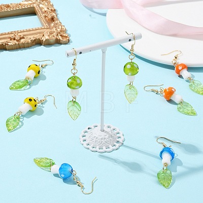 4 Pairs 4 Colors Mushroom Lampwork & Glass Leaf Dangle Earrings EJEW-TA00305-1