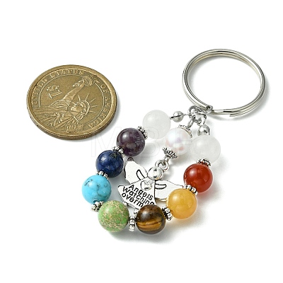 7 Chakra Gemstone Bead Pendant Keychain with Tibetan Style Alloy Charm KEYC-JKC00539-02-1