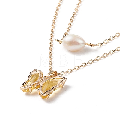 Glass Butterfly & Natural Pearl Pendants Double Layer Necklace with Clear Cubic Zirconia NJEW-TA00043-04-1
