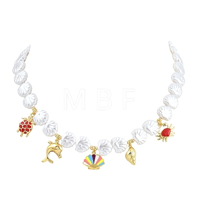 Ocean Brass Enamel Sea Animals Pendant ABS Imitation Pearl Shell Shaped Beaded Necklaces KK-CBA4547-01G-1