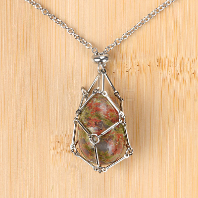 Natural Unakite Easter Egg Cage Pendant 304 Stainless Steel Cable Chain Necklaces FS-WGA333C-19-1