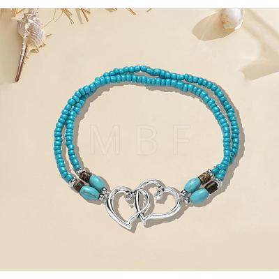 Glass Seed Beads & Alloy Heart Link Anklets WGBE152-08-1