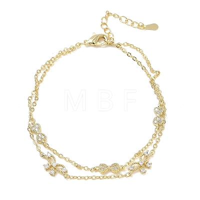 Brass Micro Pave Clear Cubic Zirconia Bowknot Link 2-Strand Bracelets KK-CBA6980-19G-1