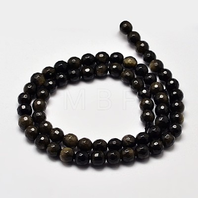 Faceted Round Natural Golden Sheen Obsidian Beads Strands G-I176-39-6mm-1