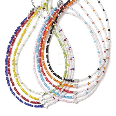 9Pcs 9 Colors Brass Heart Glass Seed Beaded Necklaces NJEW-JN05956-1