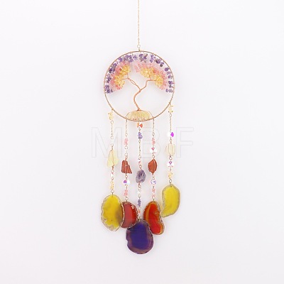 Copper Wire Wrapped Natural Mixed Stone Chips Tree of Life Suncatcher HJEW-H065-05G-1