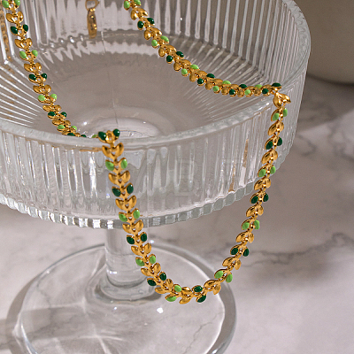 304 Stainless Steel Enamel Green Leaf Link Chain Necklaces for Women OR8327-1