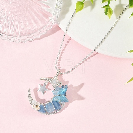 Natural Aquamarine Wire Wrapped Moon with Acrylic Butterfly Pendant 304 Stainless Steel Ball Chain Necklaces NJEW-TA00266-01-1