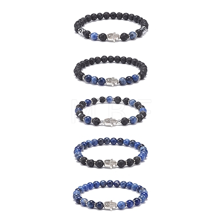 5Pcs 5 Style Natural Lava Rock & Sodalite Stretch Bracelets Set with Alloy Hamsa Hand Beaded BJEW-JB08737-1