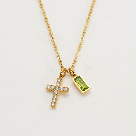 304 Stainless Steel Pave Cubic Zirconia August Birth Stone Religion Cross and Rectangle Pendant Necklaces WG51992-04-1
