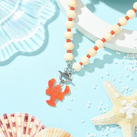 Summer Beach Resin Lobster Pendant Wood Beaded Necklaces with OT Clasps for Women NJEW-JN06109-1