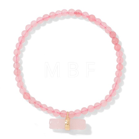 4MM Natural Rose Quartz Round Beaded Stretch Bracelets with Faceted Column Gems Charms WG291B2-01-1