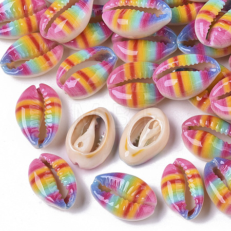 Printed Natural Cowrie Shell Beads SSHEL-R047-01-A06-1
