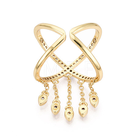Brass Micro Pave Clear Cubic Zirconia Tassels Cuff Rings KK-T080-01G-1