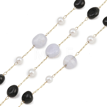 Natural Blue Lace Agate & Black Onyx(Dyed & Heated) Nuggets & 316 Stainless Steel Handmade Link Chains CHS-K021-14G-01-1