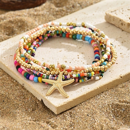 Multilayer Glass Seed Beads Starfish Pendant Anklet for Women LS-PW-WG7288D-01-1