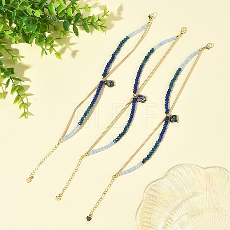 Natural Paua Shell Charm Dyed Natural Malaysia Jade Faceted Rondelle Bracelets with 304 Stainless Steel Chains for Women BJEW-JB14297-1