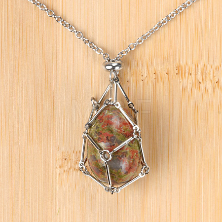 Natural Unakite Easter Egg Cage Pendant 304 Stainless Steel Cable Chain Necklaces FS-WGA333C-19-1