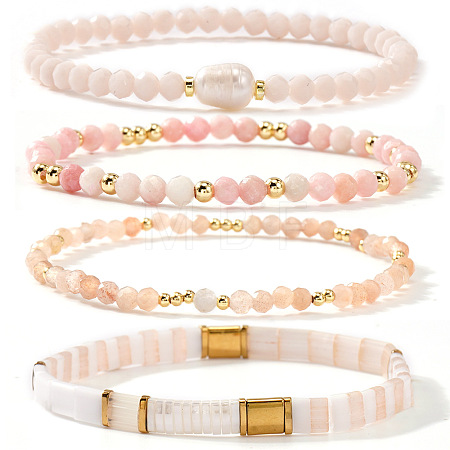 4Pcs 4 Styles Imitation Pearl & Brass & Glass Beads Stretch Bracelets for Women MM2663-1-1