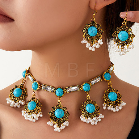 Retro Floral Alloy Rhinestone & Imitation Pearl Dangle Earrings & Charm Necklaces Sets for Women WG62226-03-1