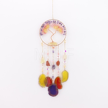Copper Wire Wrapped Natural Mixed Stone Chips Tree of Life Suncatcher HJEW-H065-05G-1