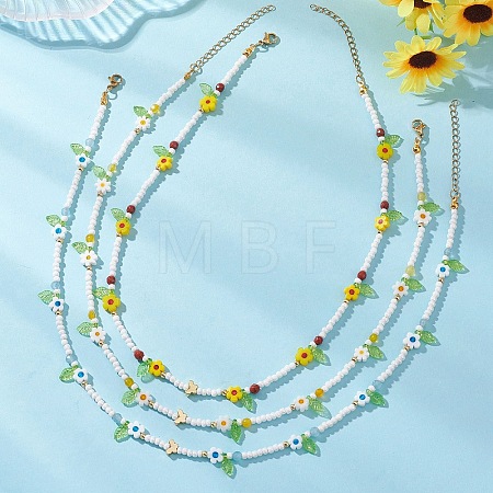 3Pcs 3 Colors Faceted Round Natural Red Jasper & Dyed White Jade & Agate & Flower Handmade Millefiori Glass & Glass Seed Beaded Necklaces for Women NJEW-MZ00150-1