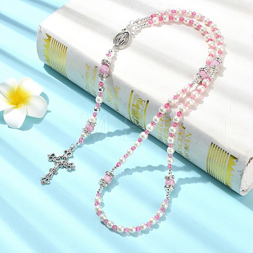 Cross & Virgin Mary Alloy Rosary Bead Necklaces NJEW-JN05123-01-1